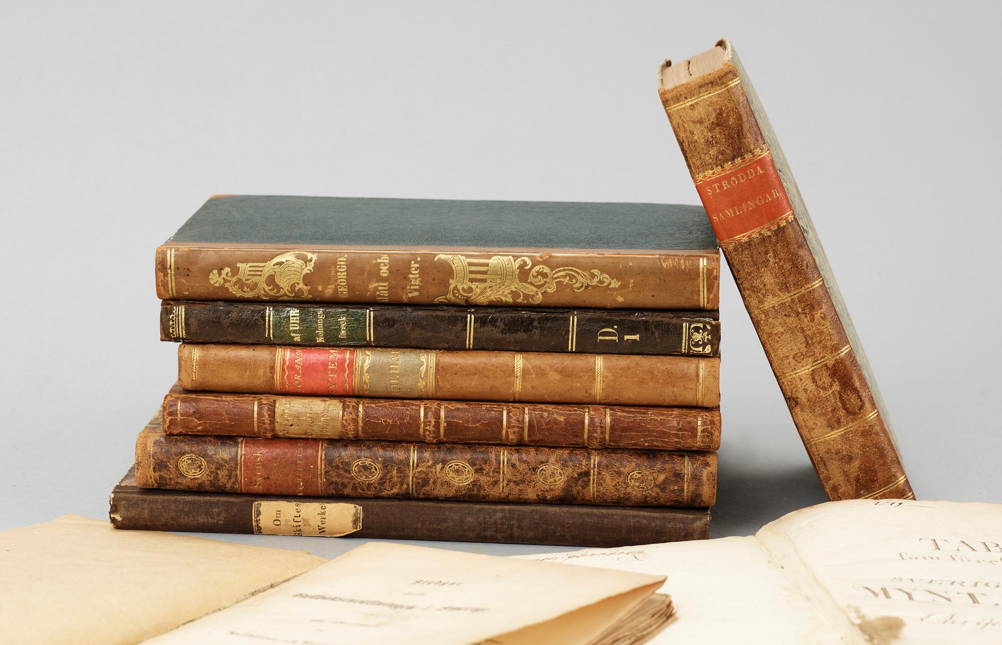 BOKPARTI, 11 vol, mest om ekonomi och hushållning, bla "Berättelse om Kolnings-försök åren 1811...." av CD af Uhr, Stockholm 1814.