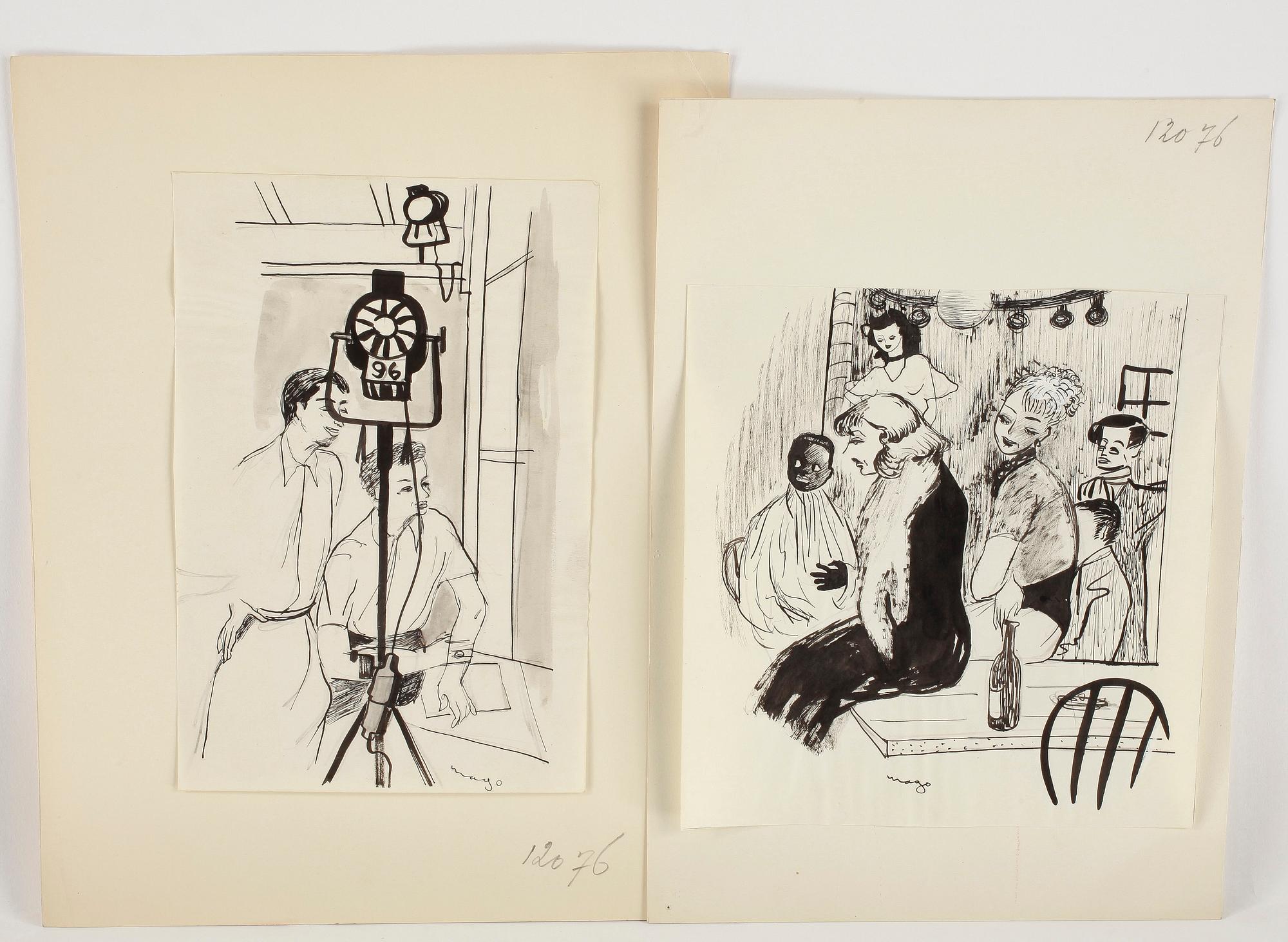MAX GOLDSTEIN (MAGO), ca 70 st, tuschteckningar, bl a 1940-tal, vissa dräktskisser delvis sign o dat.