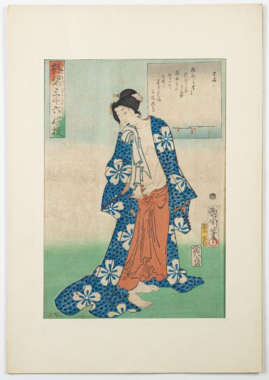 A group of six Japanese woodblock prints, including works by Utagawa Kunisada.