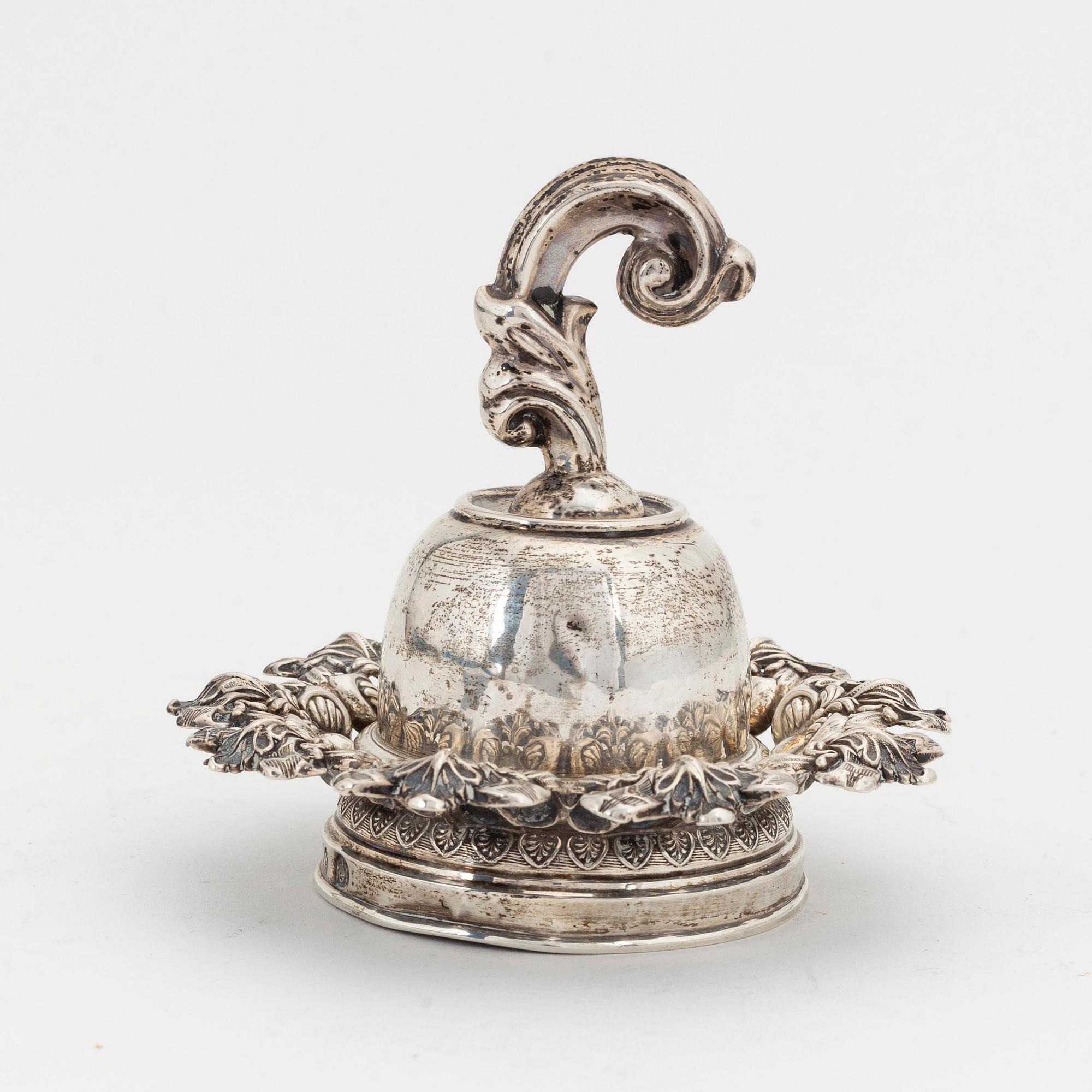 A silver table bell and a box, including Vienna 1830.