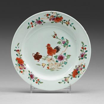 465. A set of six export porcelain famille rose 'Rooster' dessert dishes, Qing dynasty, Qianlong (1736-1795).