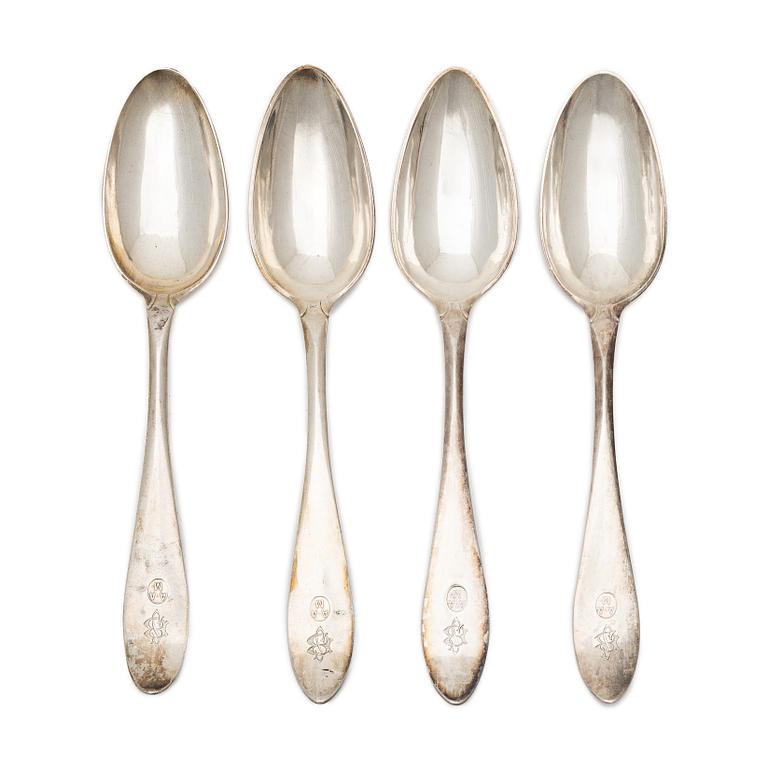 Four Swedish silver tablespoons, Gothenburg, 1796–1829.