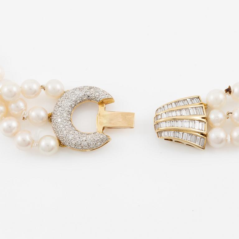 Pearl necklace, three strands of cultured pearls, clasp in 18K gold set with baguette and brilliant-cut diamonds.