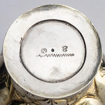 A German 17th century parcel-gilt silver 'roemer' beaker, mark of Thomas Stör II, Nuremberg circa 1670.