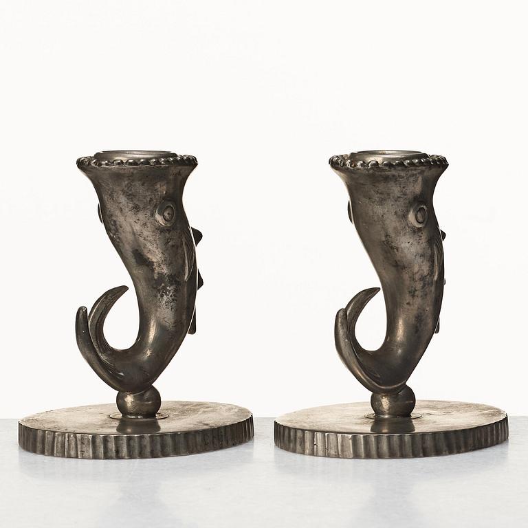 Carl Milles, a pair of pewter candlesticks and inkwell, Herman Bergman, 1930, the model exhibited at the Stockholm Exhibition.