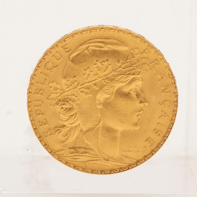 Gold coin, 21.6 carat, "Liberté Égalité Fraternité", 20 francs, France, 1907.