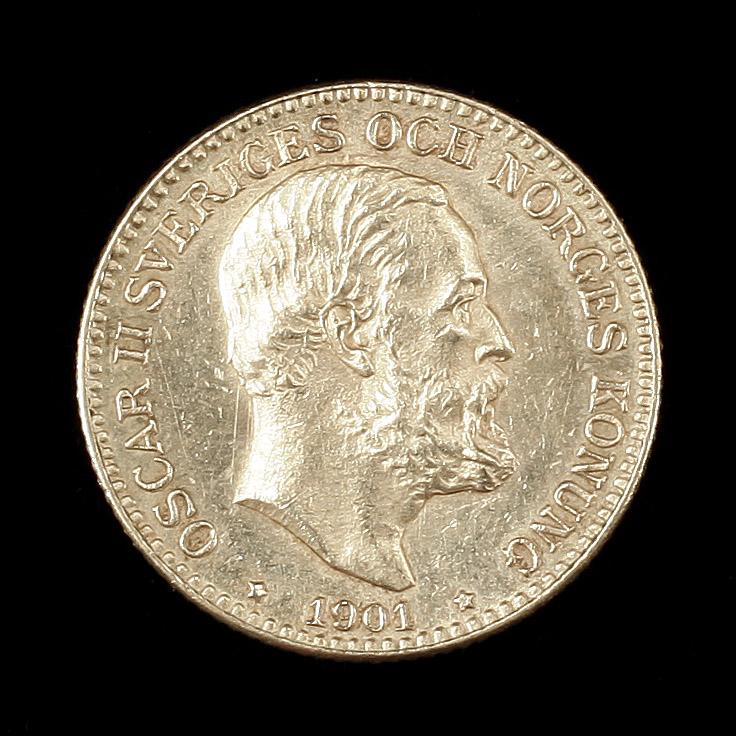 GULDMYNT, Oscar II, 10 kronor, 1901. Vikt ca gram.
