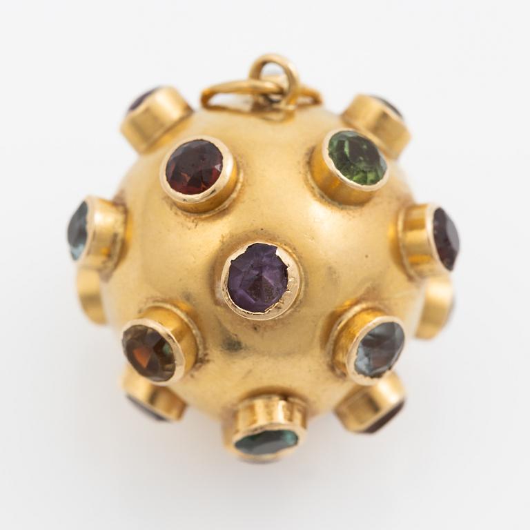 Pendant, "sputnik", 18K gold with coloured stones.