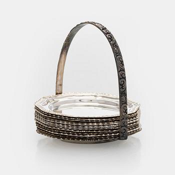 Lasinaluset telineessä, 12 kpl, hopeaa, Tšekkoslovakia 1950-luku.