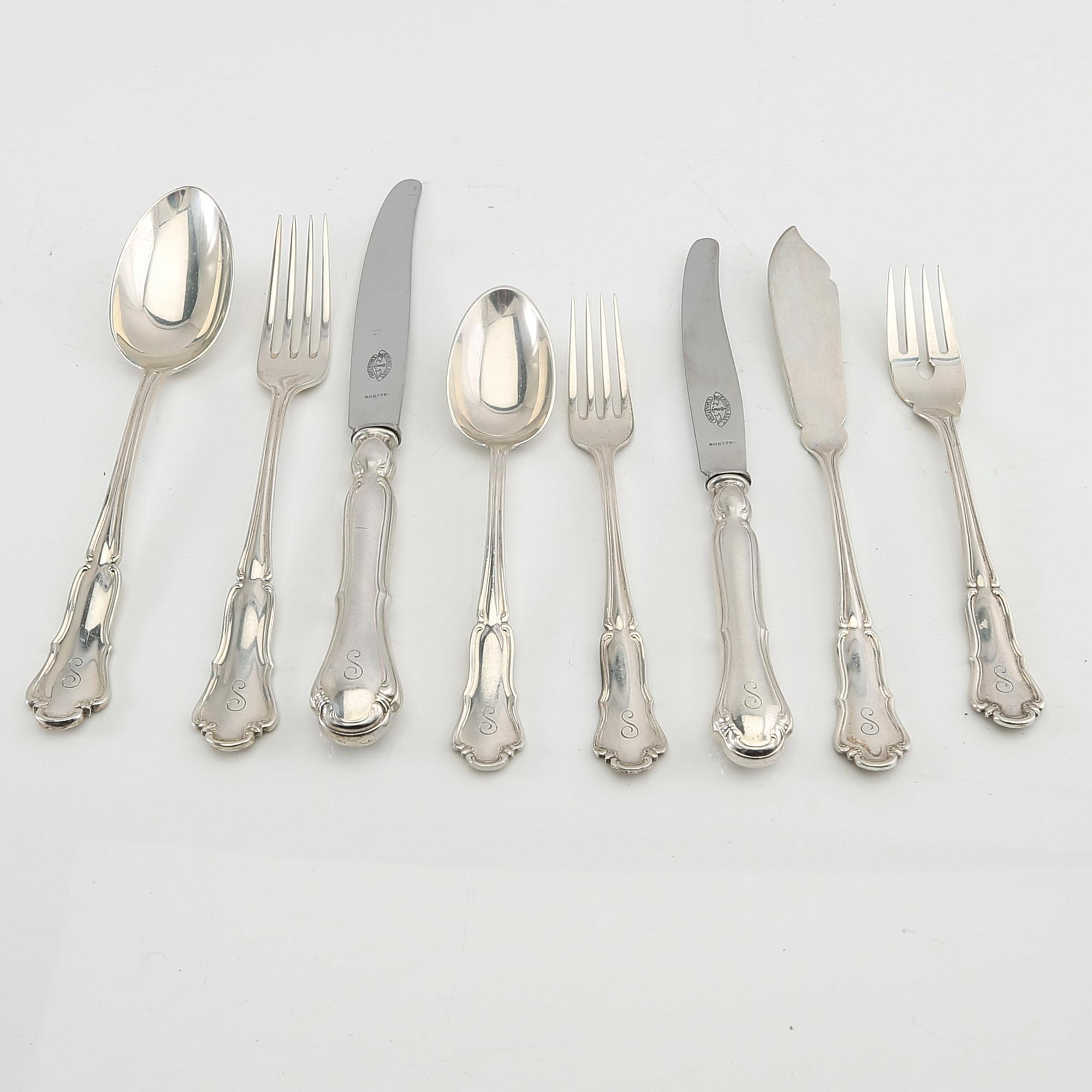 Bestick 54 dlr silver "Olga" AN (Nilsson A J P Hasselgrens Eftr) Lund 1930-tal.