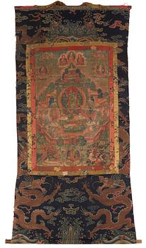 Thangka, grön Tara, tusch och färg på duk. Tibet, 1800-tal.