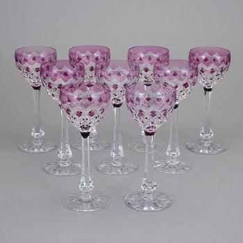 VITVINSGLAS, 9 stycken. Val Saint Lambert, Belgien, 1900-talets andra hälft.