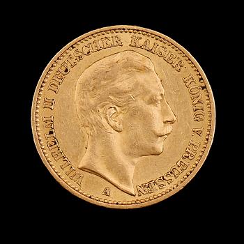 GULDMYNT, 20 mark, Wilhelm II, Tyskland 1890. Vikt ca 8 gram.