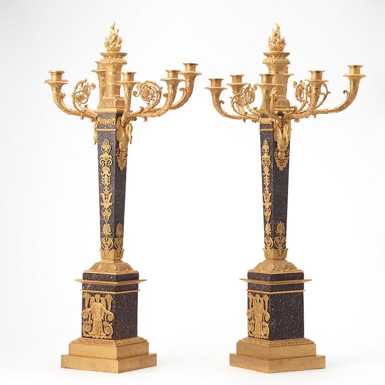 A pair of Empire style circa 1900 six-light candelabra.