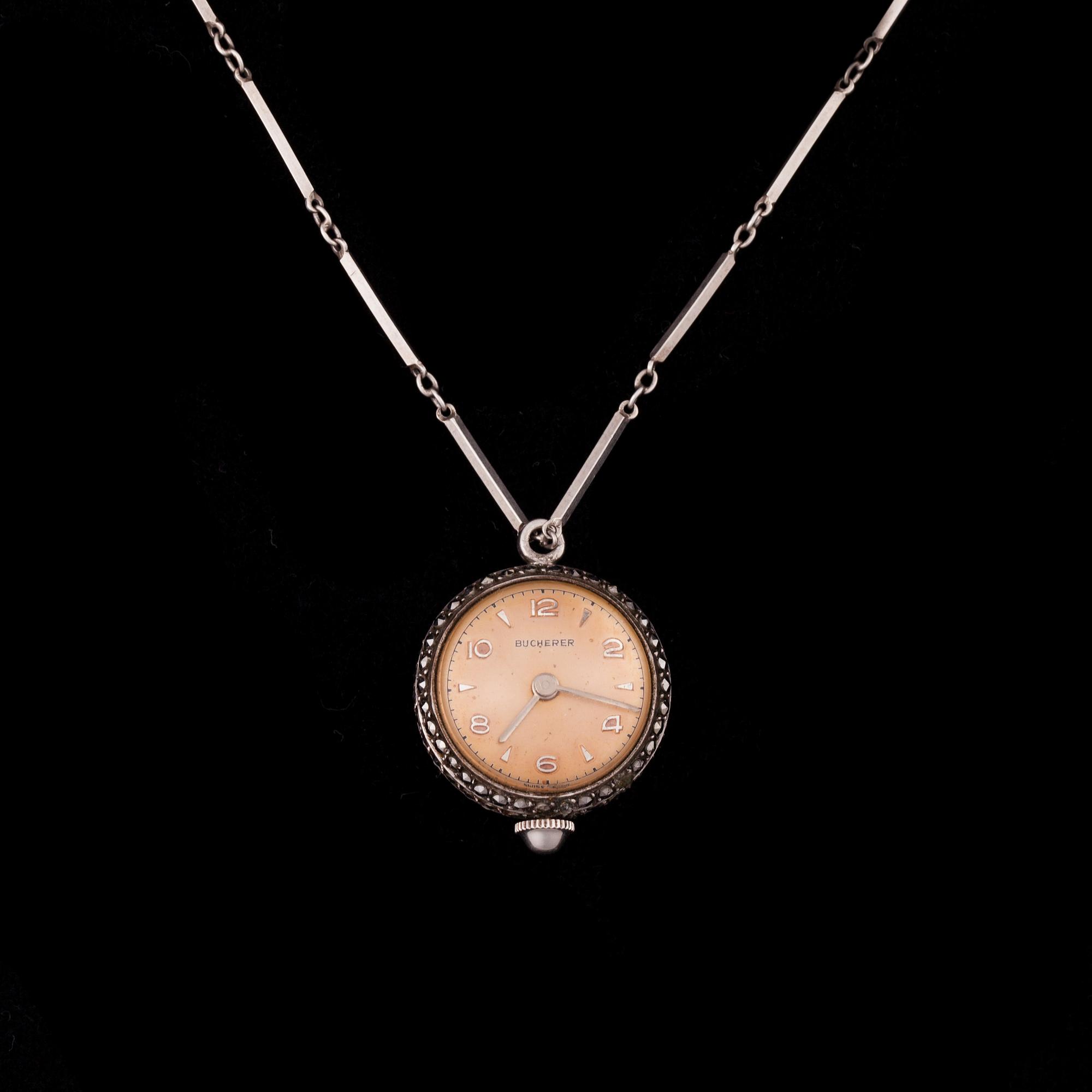 KAULAKELLO, naisten, Bucherer, hopeaketju. Sveitsi 1900-luvun alkupuoli.
