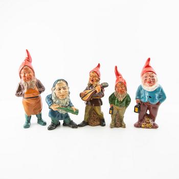 Gnomes 9 pcs mostly Germany mid/second half of the 20th century painted terracotta.