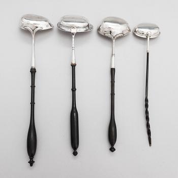 Four silver ladles, Sweden and England, 18th and 19th centuries.