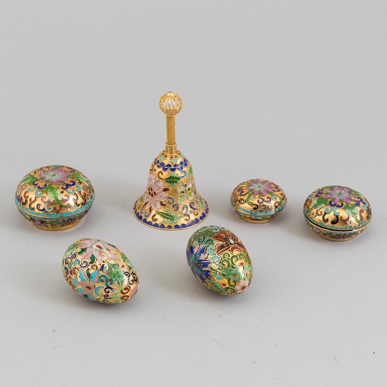 Three small boxes, two eggs and a bell, enamel, probably China, second half of th 20th century.