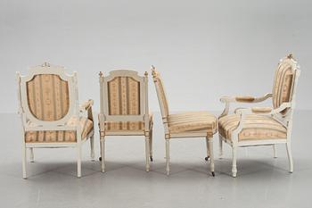 KARMSTOLAR, ett par samt STOLAR, ett par, Louis XVI stil. 1900-talets början.