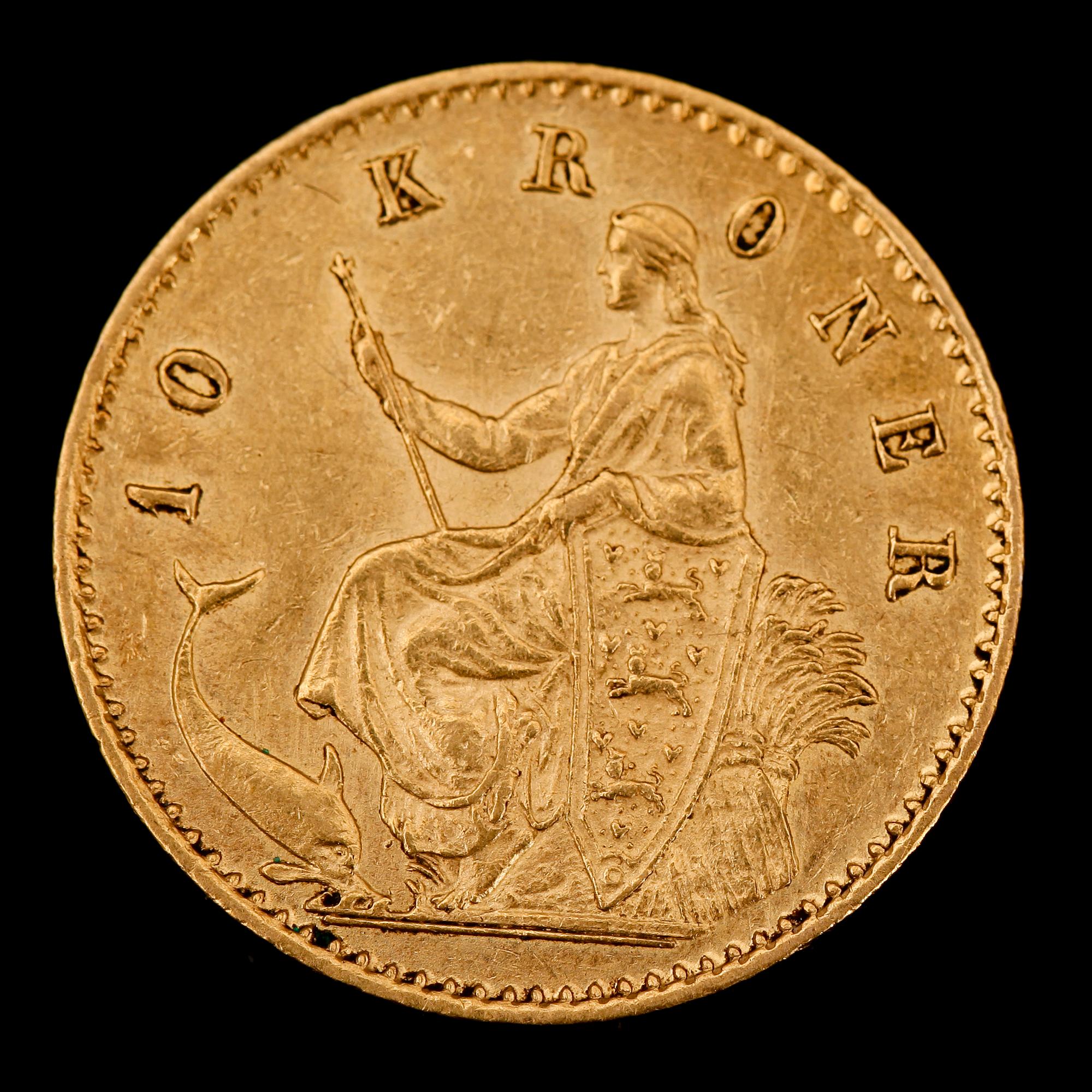 GULDMYNT, 10 kroner, Danmark, 1873. Vikt 4 g.