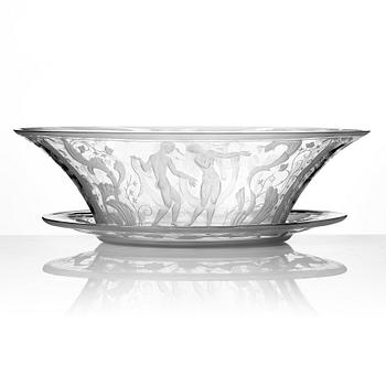 Simon Gate, a Swedish Grace engraved glass bowl with stand, Orrefors 1930, model 147, engraved by Karl Rössler.