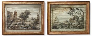 262. Embroideries, 1 pair, "Vue des Environs de Bayonne", signed and dated.