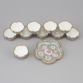 10 chinese cups with one dish, enamel on copper. late 19th/early 20th century.