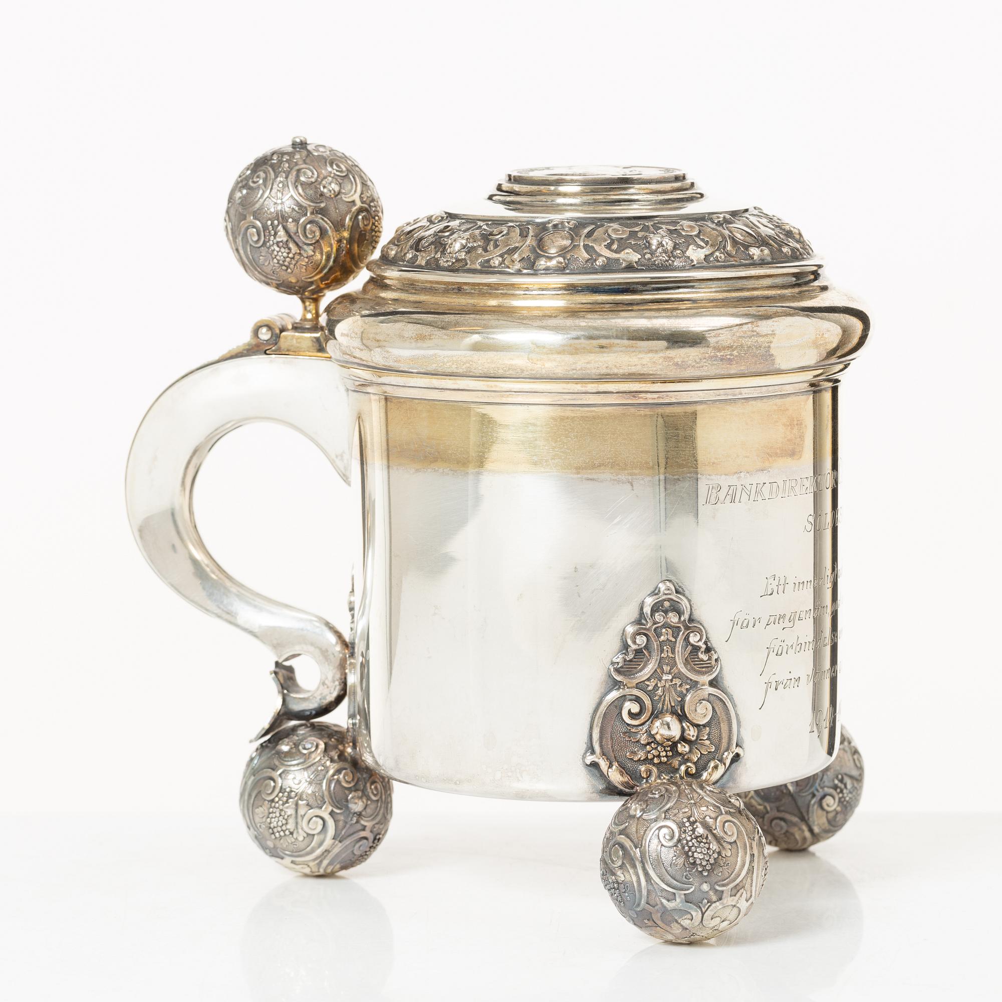 Dryckeskanna, silver, barockstil, GAB, Stockholm 1927.