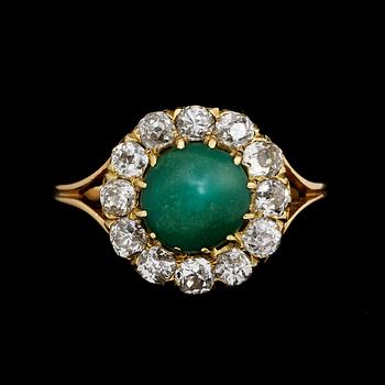 RING, 18k guld med turkos samt 12 gammalslipade diamanter, 1936. Vikt 4 g.