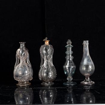 Two Swedish glass flasks and two vinegar bottles, 18th - early 19th century,.