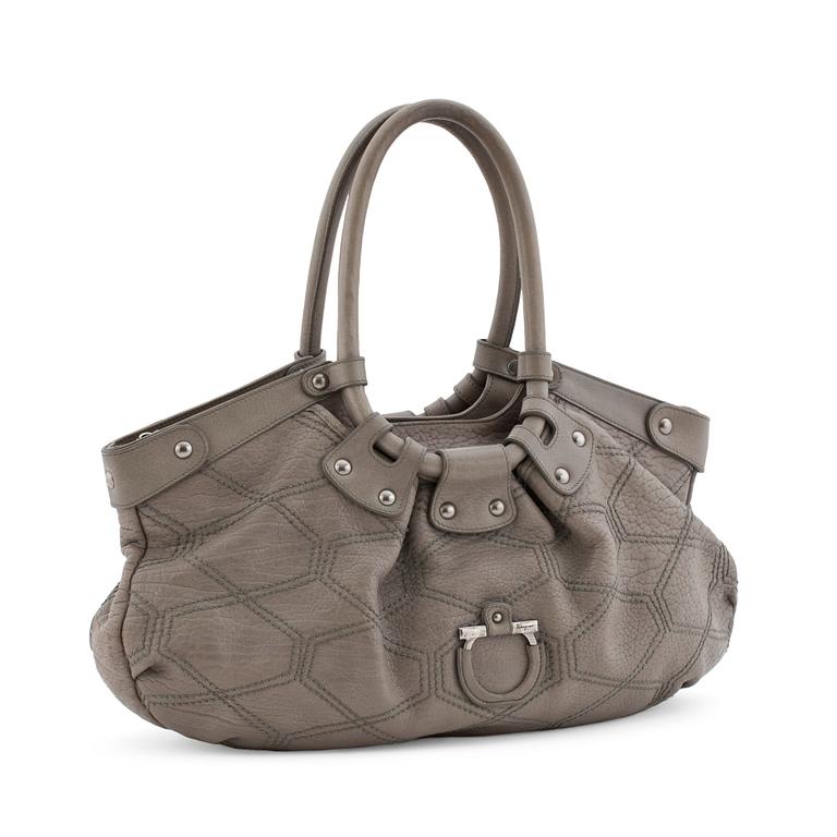 SALVATORE FERRAGAMO, a grey leather shoulder bag.