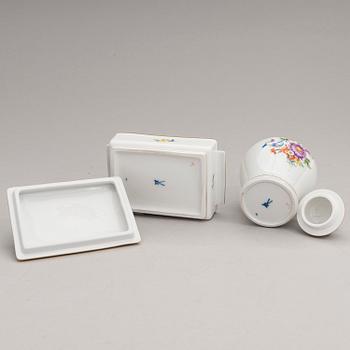Two Meissen porcelain vases, a platter, an urn and a lidded box from the latter half of 20th century.