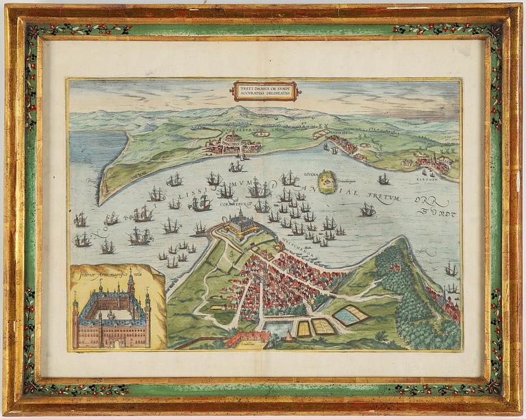 Georg Braun & Franz Hogenberg, a coloured engraving, a topographic view over Öresund, presumably late 16th century.
