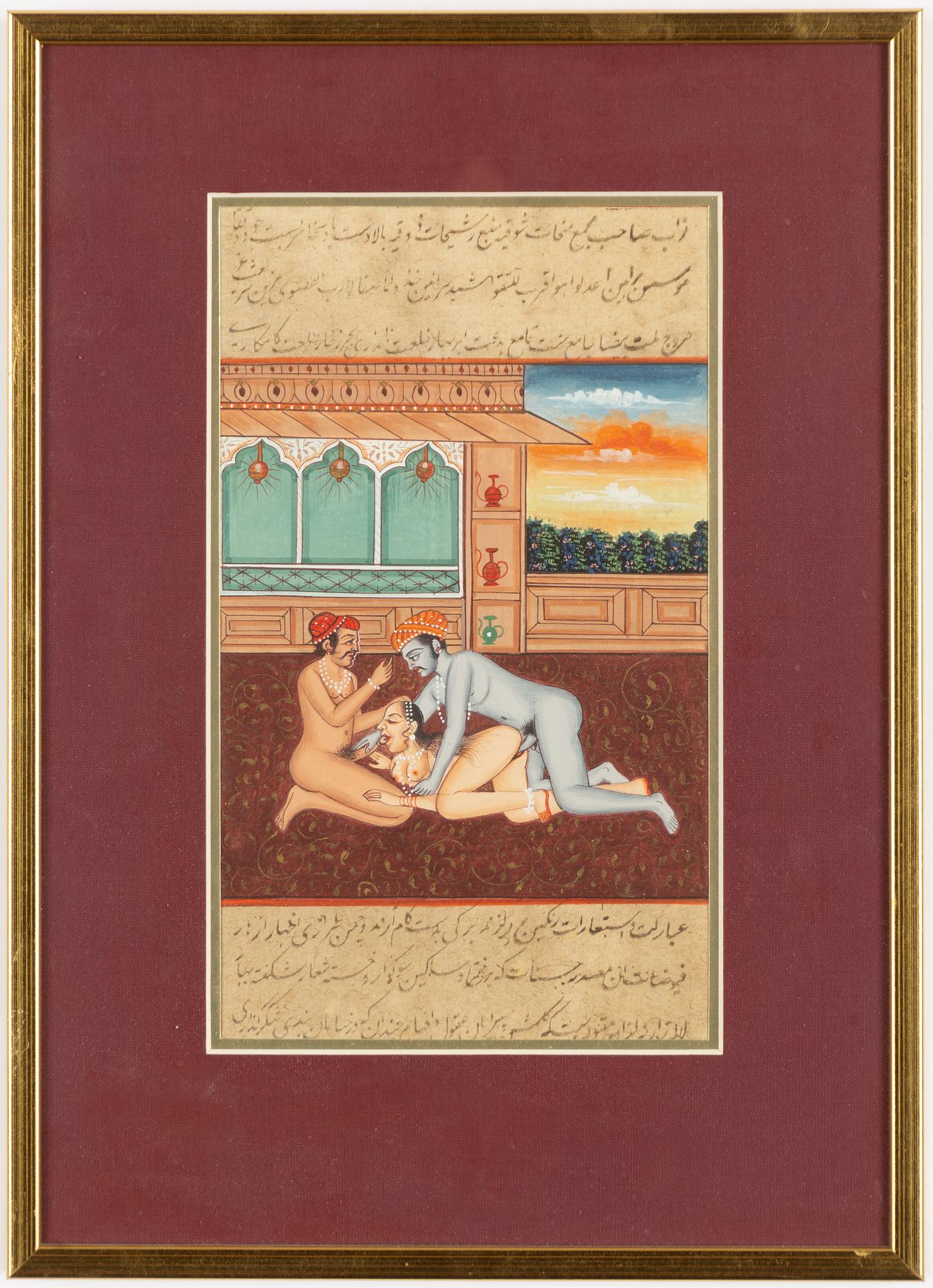Oidentifierad konstnär, Erotiska scener i interiörer, Indien, 1900-tal. Tre stycken.
