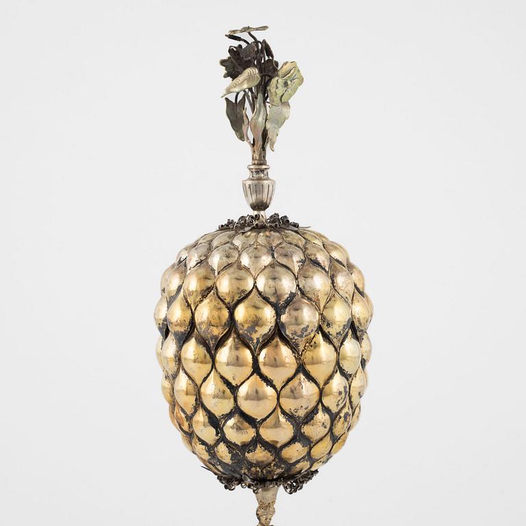 A German Baroque Style Parcel-Gilt Silver Pineapple Cup with Cover, circa 1900.