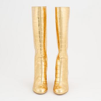 Chanel, a pair of Crocodile Embossed Metallic Calfskin Gold High Boots, size 37C.