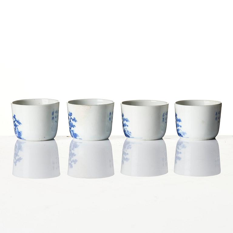 A set of five blue and white cups and a saucer, Qing dynasty, 19th century for the Vietnamese market.