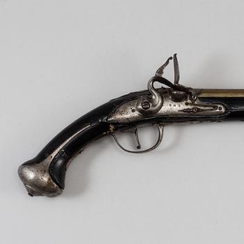 One flint lock postol, late 18th ct, and one percussion pistol, 19th ct.