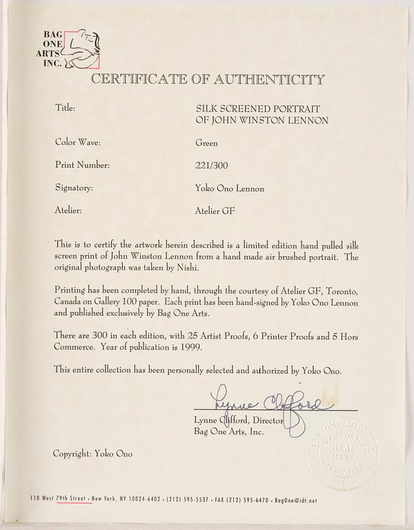 Yoko Ono, "Silk screened potrait of John Winston Lennon".