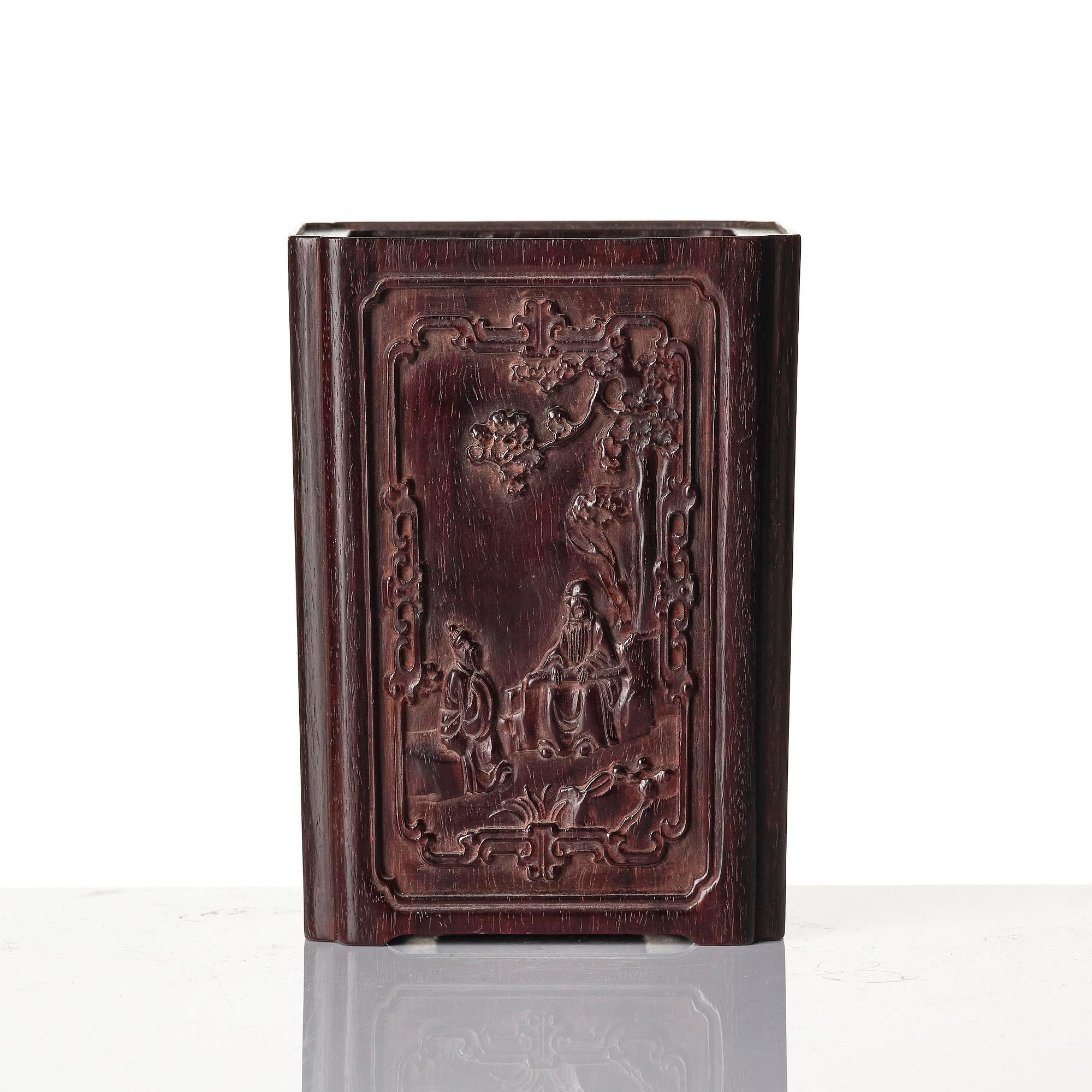 A well carved box with cover and brush pot, China, presumably Republic.