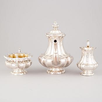 A three piee silver coffee set, Germany, presumably thr first half of the 20th century.