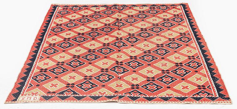 A bed cover, flat weave, c. 167 x 125 cm, Western Scania, signed EMD, early 19th century.