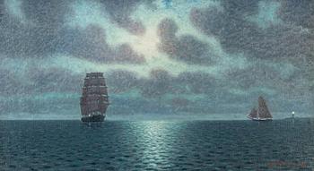 Otto Lindberg, Ship and Sailboat in Moonlight.