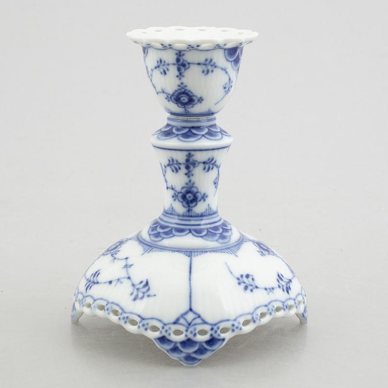 A group of two vases, two bowls and a candlestick, "Blue fluted full lace"/"Musselmalet", Royal Copenhagen.