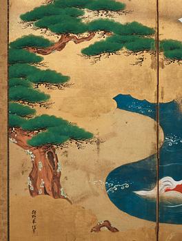 A Japanese six fold screen, Edo. Signed.