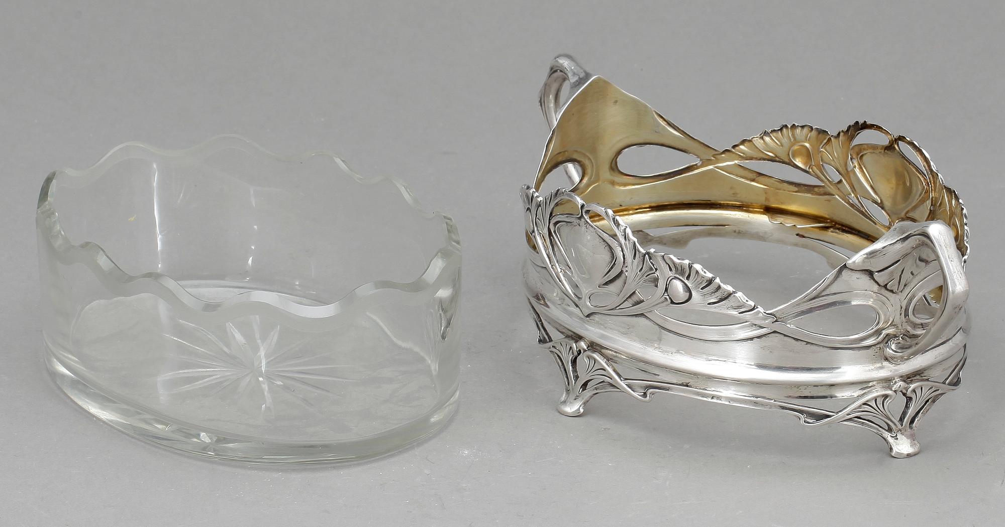 JARDINJÄR, silver och glas, jugend, svensk kontrollstämpel, tidigt 1900-tal. Silvervikt ca 154 gram.