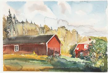 Lars Lerin, Summer landscape with red houses.