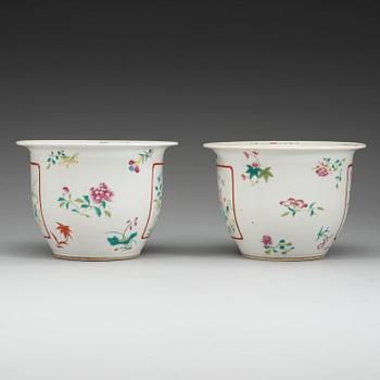 A pair of famille rose flower pots, Republic, first half of 20th Century, with Qianlong four character mark.