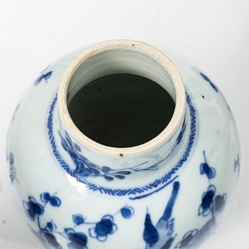 Two blue and white vases, Qing dynasty, 19th century and a blue and white vase with cover, 18th century.