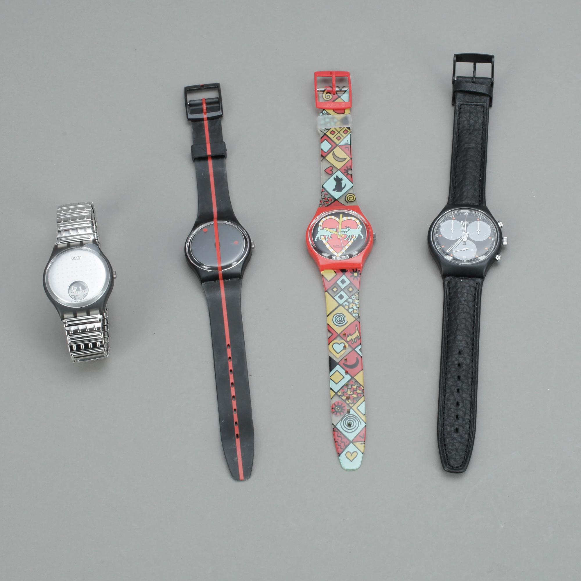 SWATCHKLOCKOR, 4st, "Wall Street", "Bark Bark", "360 Rouge Sur Blackout", "Silver Plate", plast, ca1991-1995.